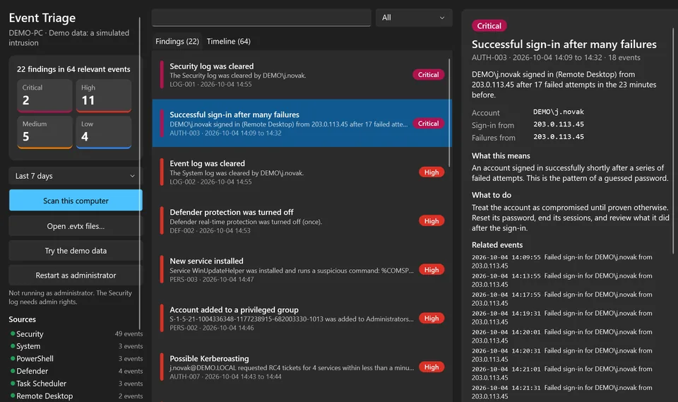 Event Triage: nálezy z logov Windows zoradené podľa závažnosti s detailom útoku