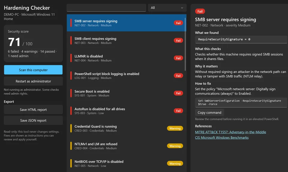 Hardening Checker: skóre zabezpečenia Windows a zoznam nálezov s návodom na opravu